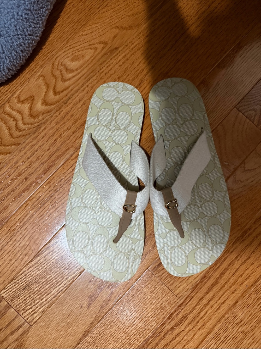 Coach Beige Logo Canvas Thong Sandals with Gold Accent